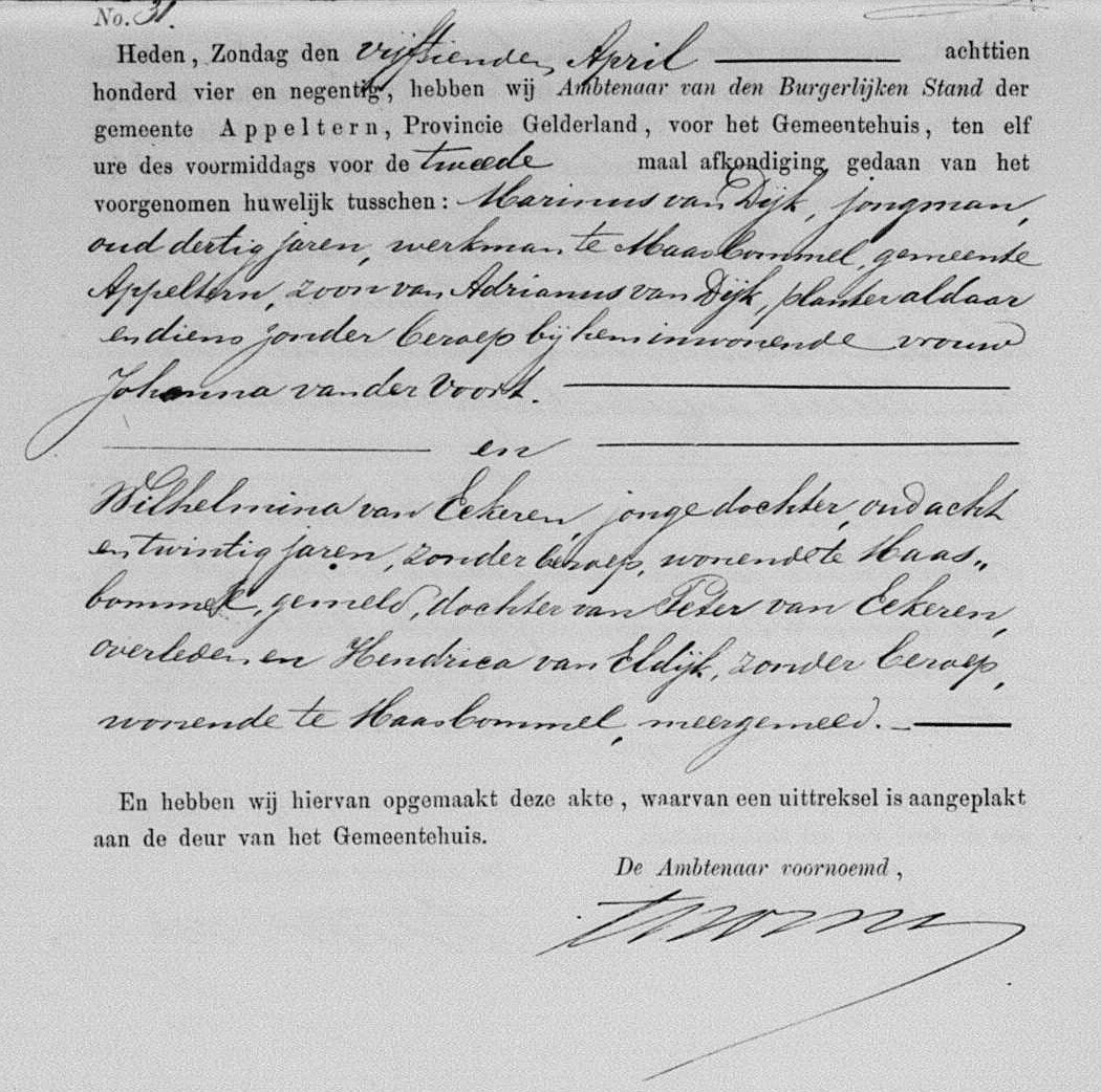  - huwelijksafkondiging Appeltern 20-04-1894 - Marinus van Dijk en Wilhelmina van Eekeren (deel 2)